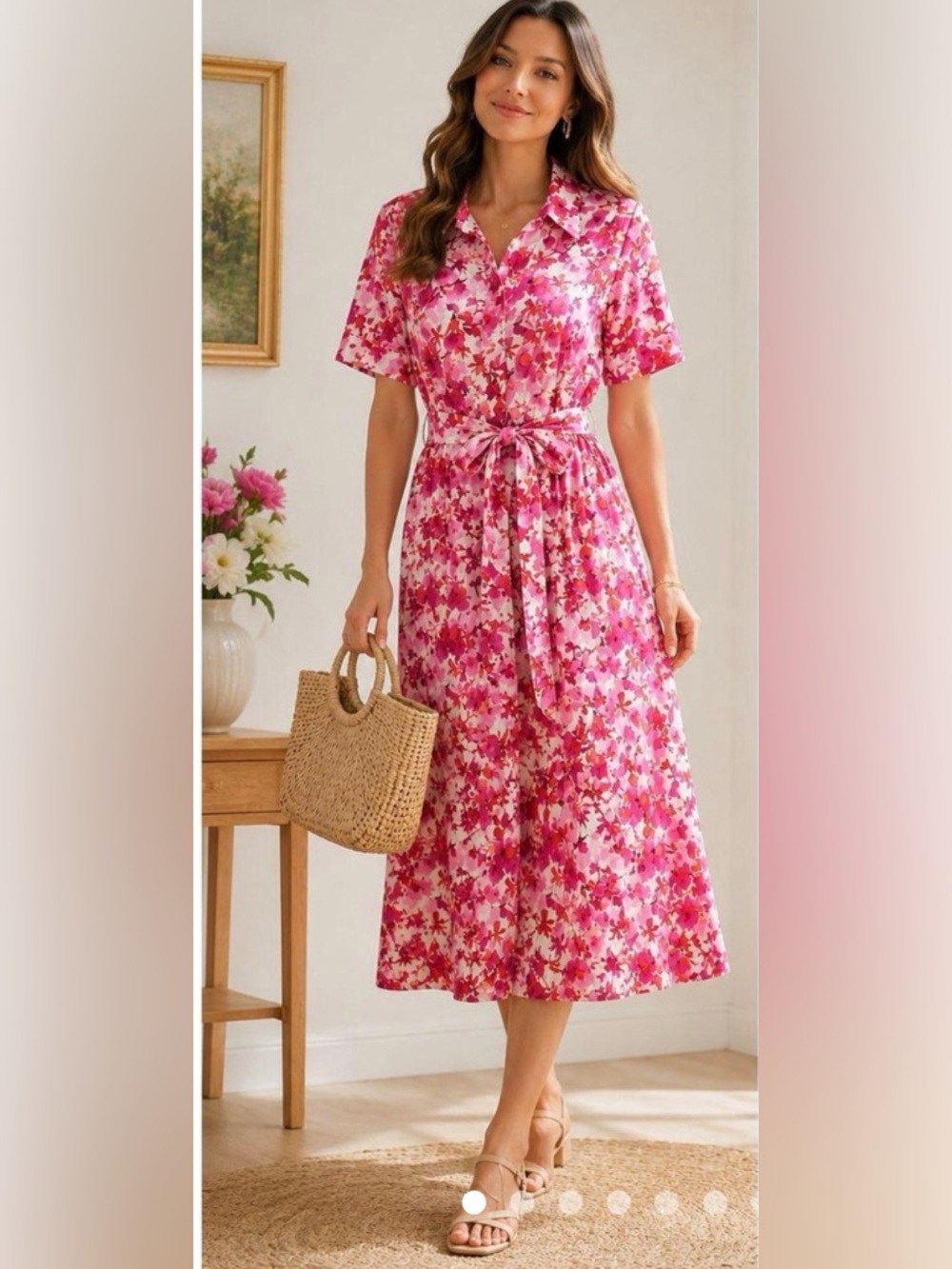 DKNY Pink Floral Belted Midi Shirt Dress
